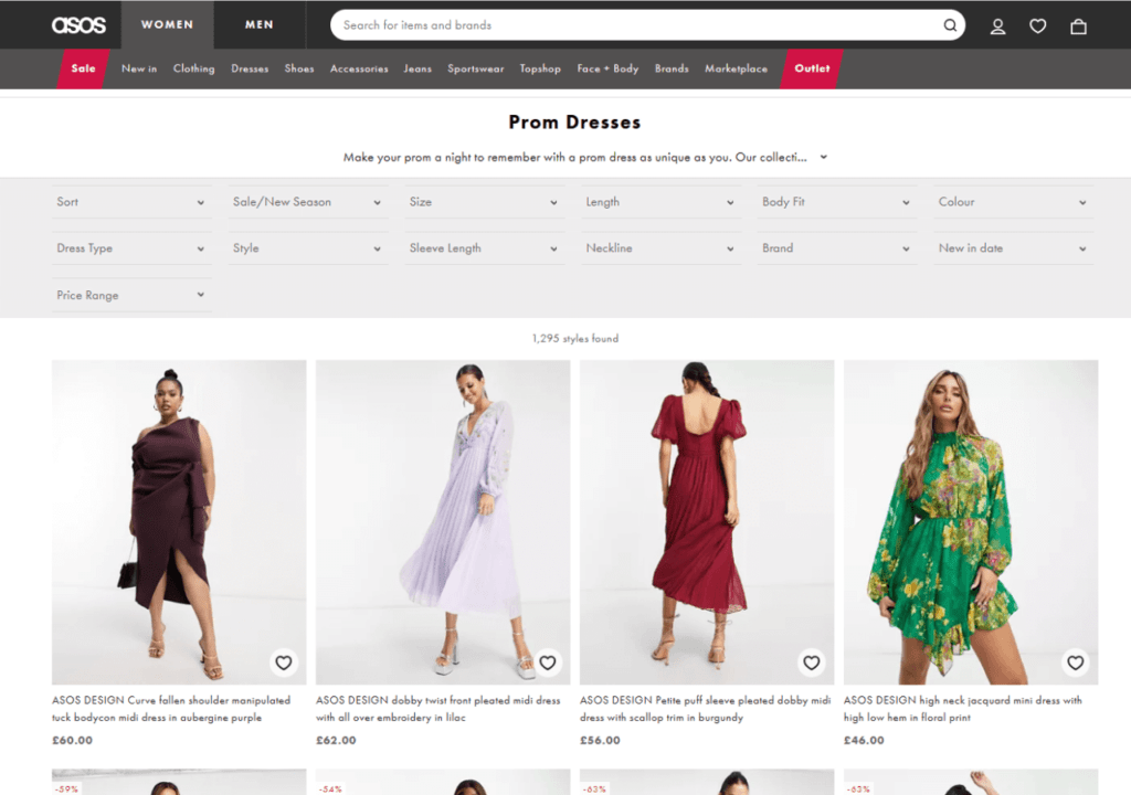 Screenshot taken on the official Asos website