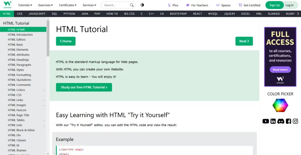 W3Schools HTML5 Tutorial